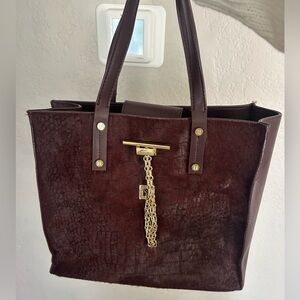 Elegant Maroon Cowhide Tote Bag with Gold Accents
